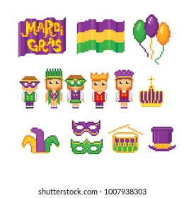 Mardi gras icons set. Pixel art. Old school computer graphic style. Games elements.