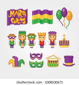 Mardi gras icons set. Pixel art. Old school computer graphic style. Games elements.