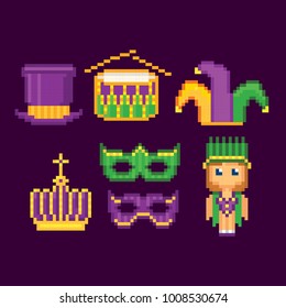 Mardi gras icons set. Pixel art. Old school computer graphic style. Games elements.