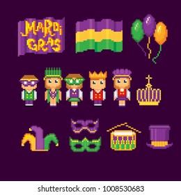 Mardi gras icons set. Pixel art. Old school computer graphic style. Games elements.