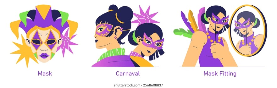 Mardi Gras illustration set. Captures the spirit of Carnival through vibrant masks and festive attire. Showcases the excitement of mask fitting and preparation for celebrations. Vector illustration.