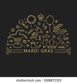 Mardi Gras illustration. Template for flyer, banner and poster.Vector line style illustration.