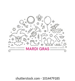 Mardi Gras illustration. Template for flyer, banner and poster.Vector line style illustration.