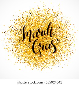 Mardi gras inscription on golden glittery background. Hand lettering. Mardi Gras festival card. Vector illustration for your graphic design.