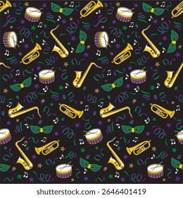 Mardi Gras instruments confetti and mask