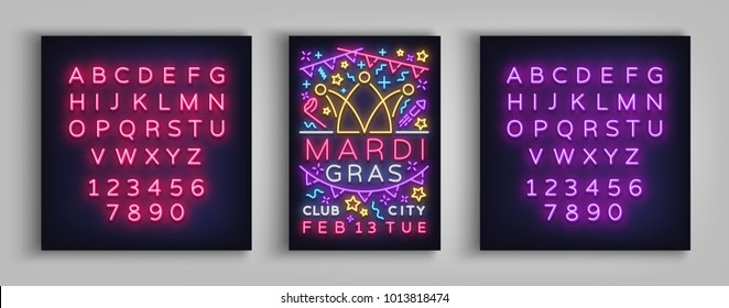 Mardi Gras invitation template design. Neon-style poster, neon sign, brochure, banner, flyer, invitation leaflet on Fat Tuesday. Carnival, Masquerade. Vector illustration. Editing text neon sign