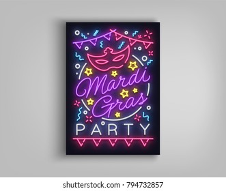 Mardi Gras invitation template design. Neon-style poster, neon sign, bright brochure, luminous banner, night flyer, invitation leaflet on Fat Tuesday. Carnival, Masquerade. Vector illustration