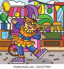 Caricatura de color del niño Mardi Gras Jester