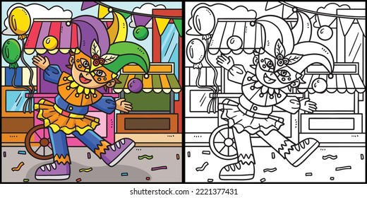 Mardi Gras Jester Boy Coloring Page Illustration