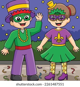 Mardi Gras Jester Boy and Girl Colored Cartoon 