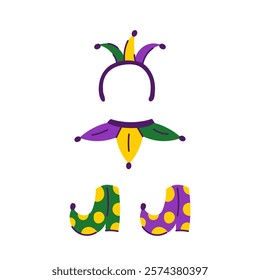 Mardi Gras Jester Costume Elements Set. Traditional carnival apparel and accessories with decorative headwear boots and collar. Vector illustration