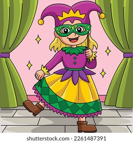 Mardi Gras Jester Girl Colored Cartoon