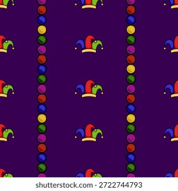 Mardi Gras jester hat and bead garland seamless vector pattern on a deep purple background, celebrating festive carnivals.