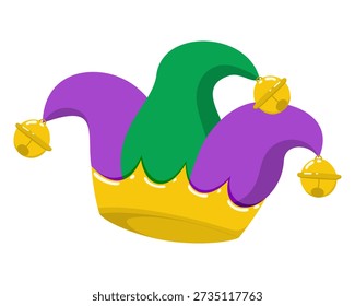 Mardi Gras jester hat with bells in traditional purple, green and gold colors. Carnival fool cap vector illustration isolated