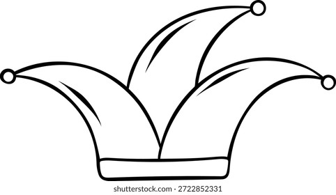 Mardi Gras jester hat icon in doodle sketch style. Minimalist black and white line art for carnival, festival, or comedy theme