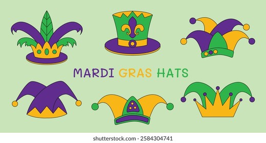 Mardi Gras jester hats collection in purple, green, and gold. Colorful Mardi Gras hats set with festive jester designs