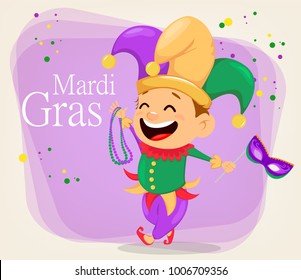 Mardi Gras jester holding necklaces and mask for poster, greeting card, party invitation, banner or flyer on abstract background. Cheerful cartoon character. Vector Illustration.