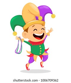 Mardi Gras jester holding necklaces for poster, greeting card, party invitation, banner or flyer on white background. Cheerful cartoon character. Vector Illustration.