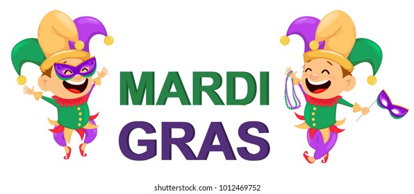 Mardi Gras jester holding necklaces for poster, greeting card, party invitation, banner or flyer. Cheerful cartoon character and letters. Vector Illustration.