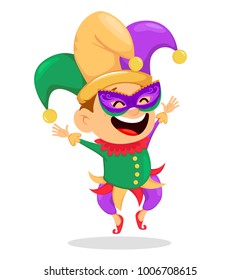 Mardi Gras jester in a mask for poster, greeting card, party invitation, banner or flyer on white background. Cheerful cartoon character. Vector Illustration.