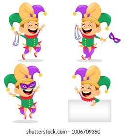 Mardi Gras jester, set. Cheerful cartoon character for poster, greeting card, party invitation, banner or flyer. Vector Illustration on white background.