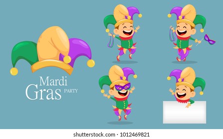 Mardi Gras jester, set for greeting card, party invitation, banner or flyer. Cheerful cartoon character and letters. Vector Illustration.