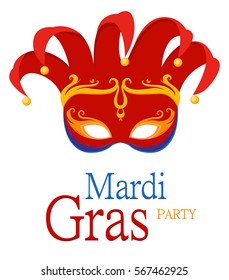 Mardi Gras Jester's red carnival mask with ornaments for poster, greeting card, party invitation, banner or flyer on white background. Happy Mardi Gras. Masquerade vector Illustration.