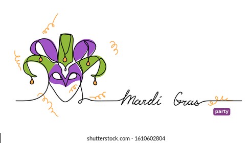 Mardi Gras joker.  Party, carnival vector minimal banner with  joker mask and lettering Mardi Gras.