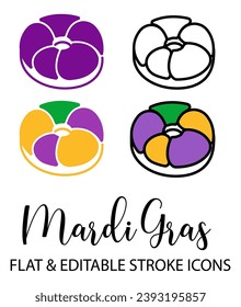 Mardi Gras king cake. Outline icon with editable stroke. Linear Mardi Gras Symbol and flat icon