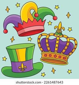 Mardi Gras King Crown and Jester Hat Colored 