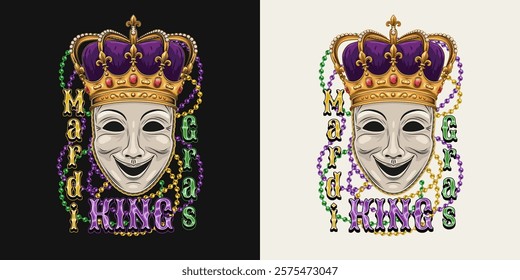 Mardi Gras King label. Emblem with comedy theatrical mask in imperial crown, intertwined interlaced strings of beads, text. Rectangular composition in vintage style.