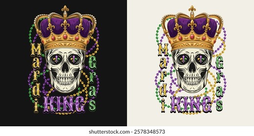 Mardi Gras King label. Emblem with human skull in imperial crown, intertwined interlaced strings of beads, text. Rectangular composition in vintage style.