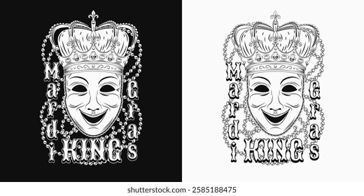 Mardi Gras King label. Emblem with comedy theatrical mask in imperial crown, intertwined interlaced strings of beads, text. Rectangular composition in vintage style.