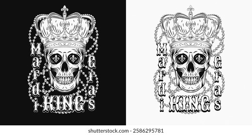 Mardi Gras King label. Emblem with human skull in imperial crown, intertwined interlaced strings of beads, text. Rectangular composition in vintage style.