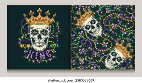 Mardi Gras King label, seamless pattern with human skull in golden crown, intertwined strings of beads, lights sparkles garland, fleur de lis symbol, text. Carnival decoration.