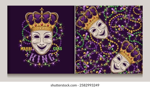 Mardi Gras King label, seamless pattern with comedy mask in imperial golden crown, intertwined strings of beads, lights sparkles garland, fleur de lis symbol, text. Carnival decoration.