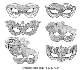 Mardi Gras Spitzen Maske Set. Schwarzweiß-Vektorgrafik