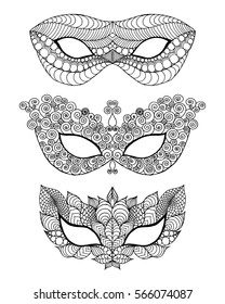 Mardi gras lace mask set. Black white vector illustration