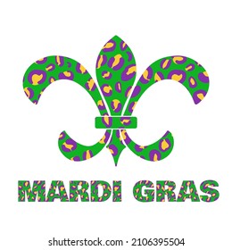 Mardi Gras leopard lettering and Fleur de lis. Fat Tuesday traditional carnival in New Orleans. Vector template for banner, flyer, party invitation, etc.