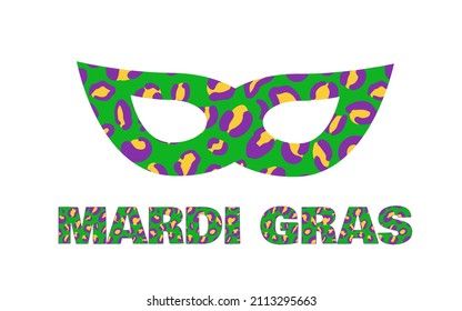 Mardi Gras leopard lettering and masquerade mask. Fat Tuesday traditional carnival in New Orleans. Vector template for banner, flyer, party invitation, etc.