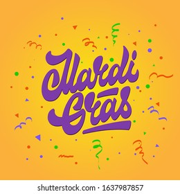 Mardi Gras lettering. Mardi Gras background with text. Usable for greeting card, banner, gift packaging, promo. Fat tuesday, carnival
