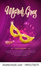 Mardi gras lettering brochure. Fat tuesday poster with handwritten typography and golden mask. Vector logo with shining beads on traditional colors background