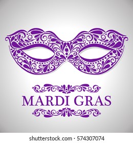 Mardi Gras Lettering. Congratulation Card With Mask. Vector Illustration