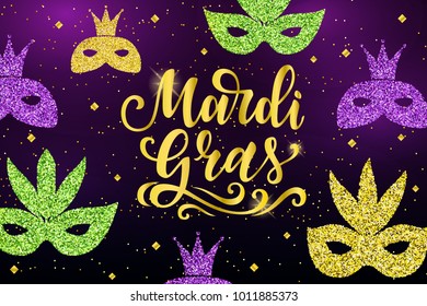 Mardi Gras lettering. Greeting banner with glitter gold masquerade masks and confetti. Vector illustration