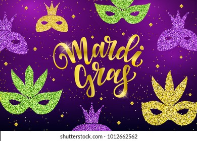 Mardi Gras lettering. Greeting banner with glitter gold masquerade masks and confetti. Vector illustration