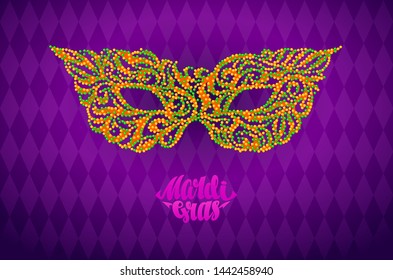 Mardi Gras lettering like red lips with carnival mask. RGB. Global colors