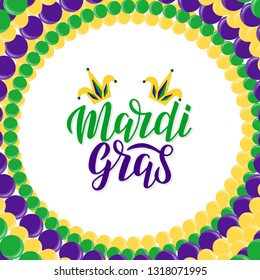 Mardi Gras lettering logo decorated by hat in the round frame of traditional beads. Mardi Gras typography lettering poster. EPS 10