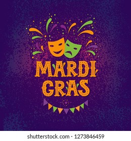 Mardi Gras lettering logotype, emblem, icon on white background. Party, masquerade poster card, invitation, banner. Theatrical mask, garland, fireworks. Vector lettering typography design