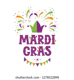 Mardi Gras lettering logotype, emblem, icon on white background. Party, masquerade poster card, invitation, banner. Crown, garland, fireworks. Vector lettering typography design