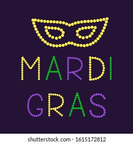 Mardi Gras lettering and mask made of colorful beads. Fat or Shrove Tuesday typography poster. Traditional carnival in New Orleans. Vector template for banner, greeting card, flyer, party invitation.